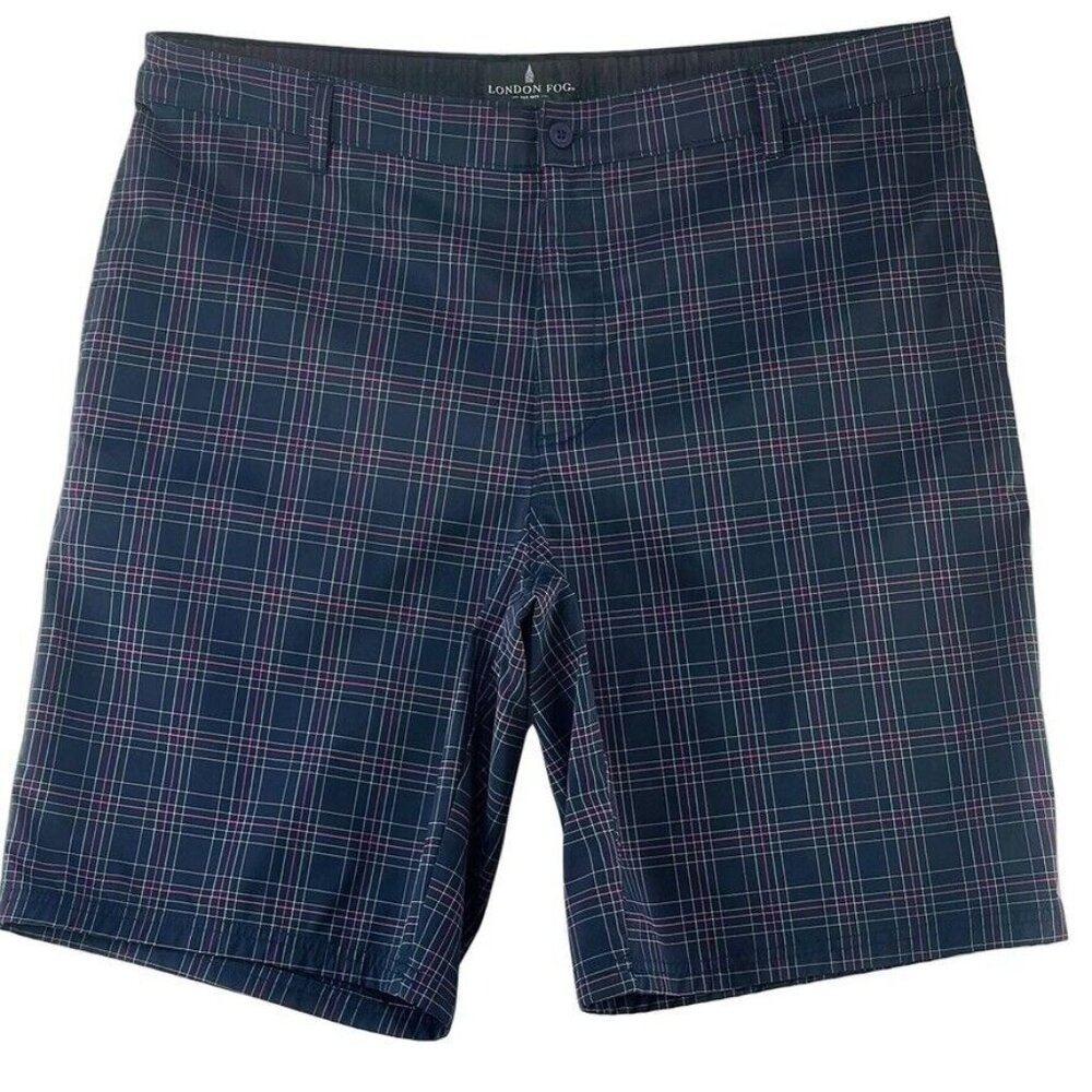 London Fog Mens Plaid Dress Shorts Navy Size 36 Lightweight Fabric